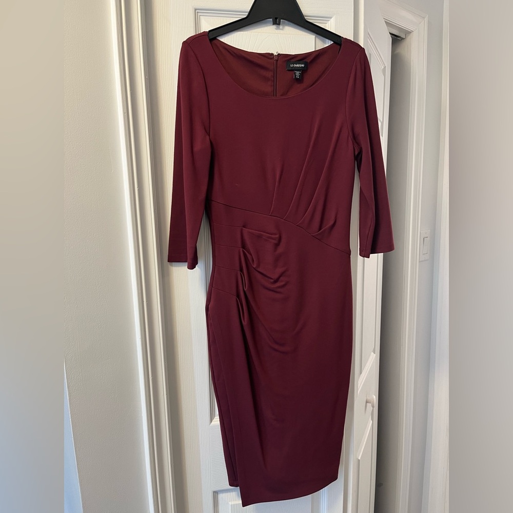 Burgandy stretch dress, with gathering along front.